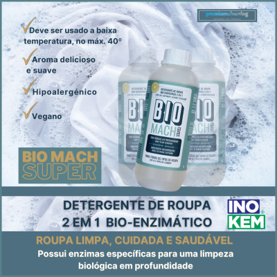 Frascos de detergente BIO MACH SUPER com espuma e texto descritivo em português