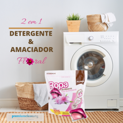 Máquina de lavar roupa branca com detergente Ropa em embalagem rosa e branca à frente e texto promocional em fundo branco