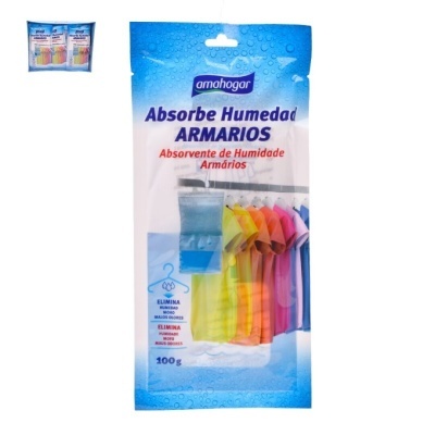 Pacote azul e branco de absorvente de humidade para armários da marca amohogar