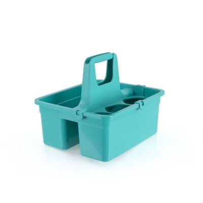 Recipiente organizador azul-turquesa com alça e múltiplos compartimentos