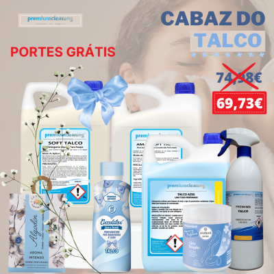 Cabaz de produtos de talco e limpeza premiumcleaning com rótulos em português e oferta de portes grátis.