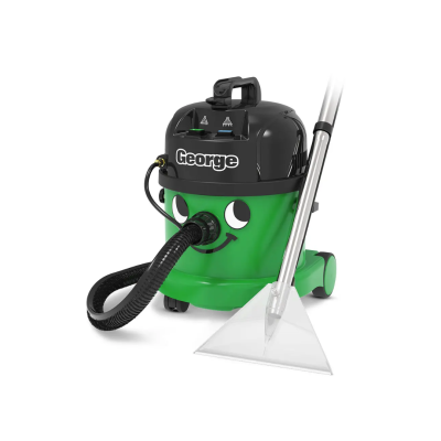 aspirador de pó e líquidos verde e preto com rosto sorridente e tubo flexível