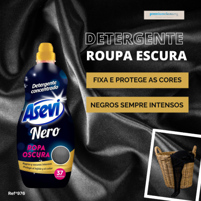 Detergente concentrado Asevi Nero para roupa escura em fundo de tecido preto com cesto de roupa preta