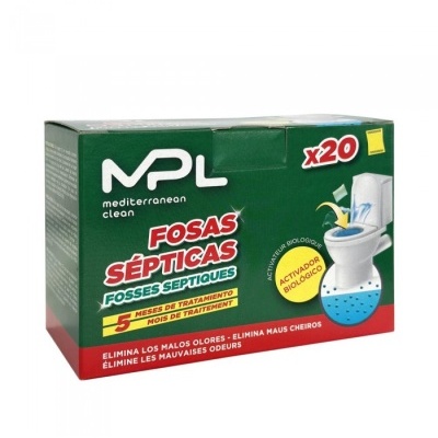 Caixa de produto para fossas sépticas com 20 unidades e imagem de sanita