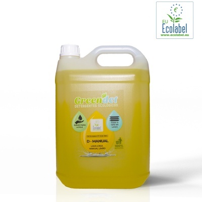 Frasco amarelo de detergente ecológico Greendet 5L com selo EU Ecolabel