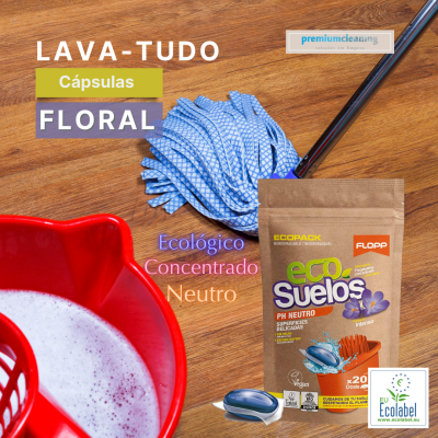Mop azul, balde vermelho com espuma, cápsula azul e embalagem Ecopack Eco Suelos