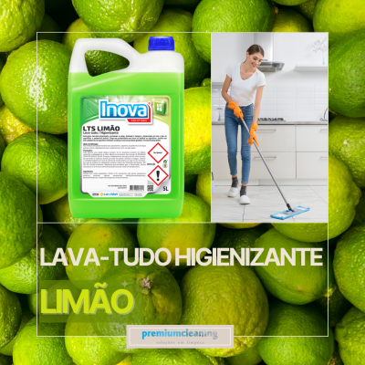 Produto de limpeza Inova LTS Limão em recipiente branco com líquido verde e mulher a limpar chão