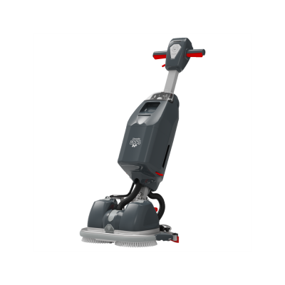 Máquina de limpeza profissional cinzenta com escovas brancas e alças vermelhas