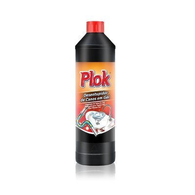 Garrafão preto com tampa vermelha, rótulo laranja do desentupidor Plok em gel para canos