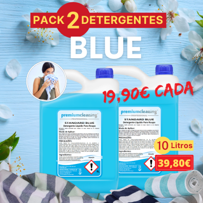 Pack de 2 detergentes líquidos para roupa blue 10 litros cada com etiquetas azuis e brancas