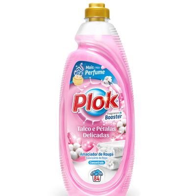 Embalagem rosa de amaciador de roupa Plok com texto e tampa amarela