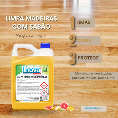 Produto de limpeza para madeira Inova em embalagem plástica amarela com tampa azul