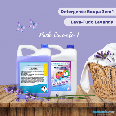 Frascos de detergente Lavanda e cesta com roupa branca e lavandas