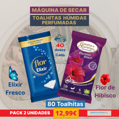 Pacote de toalhitas húmidas perfumadas para máquina de secar com embalagem azul e roxa, 80 unidades, preço 12,99€.