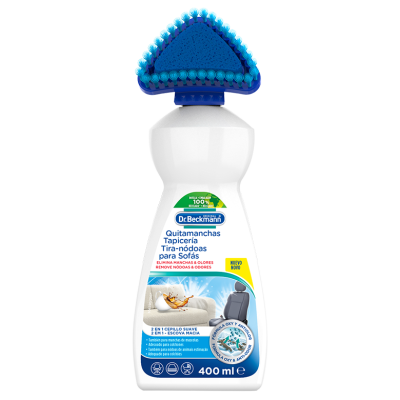 Frasco branco de 400 ml com escova azul para limpeza de estofos Dr. Beckmann