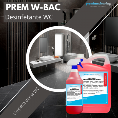 Desinfetante WC PREM W-BAC em garrafas vermelha e azul destacado sobre imagem de casa de banho moderna
