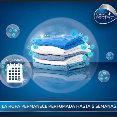 Pilha de roupas em esfera protetora com partículas azuis e texto promocional em fundo azul