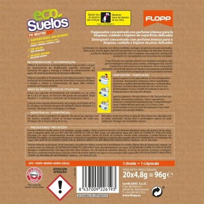 Frasco de detergente concentrado para limpeza com rótulo laranja e verde cheio de texto em português e espanhol