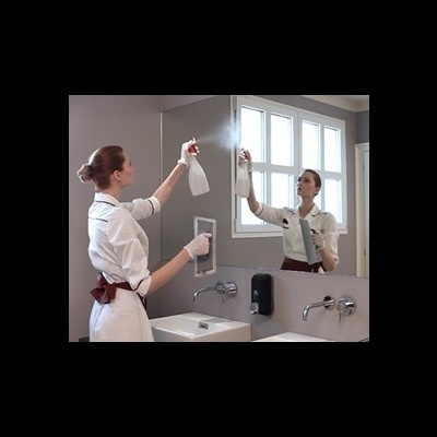 Mulher a limpar espelho de casa de banho com spray.