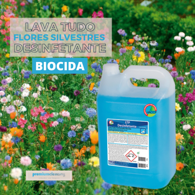 Bidão azul de desinfetante LTP com flores silvestres coloridas ao fundo.