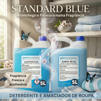 Dois frascos de detergente e amaciador de roupa azul de 5 litros com tampa azul e texto promocional em português.