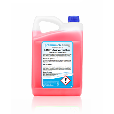 Recipiente plástico com líquido vermelho e tampa azul, etiqueta azul e branca com texto