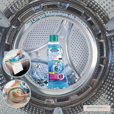 Garrafa azul de gel limpa máquinas de roupa dentro de máquina de lavar roupa