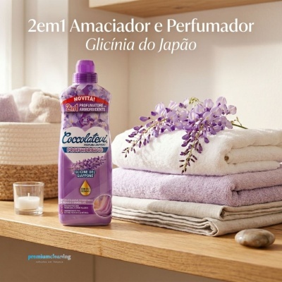 Frasco roxo de amaciador e perfumador Coccolatevi junto de toalhas empilhadas e flores lilases.