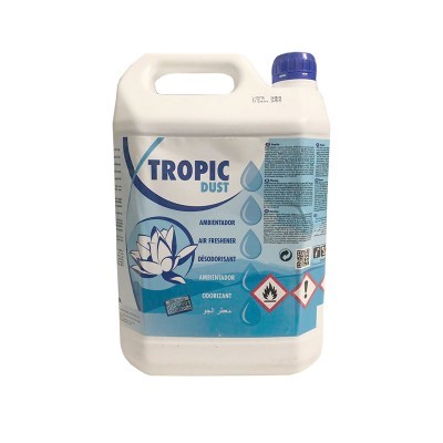 Frasco plástico branco com tampa azul e etiqueta azul e branca com produto ambientador chamado X TROPIC DUST