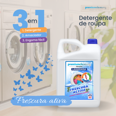 Detergente de roupa em embalagem branca com tampa azul em frente a máquinas de lavar roupa