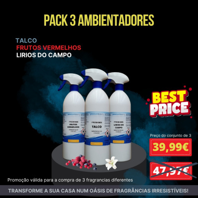 Pack 3 ambientadores líquidos PREMAMBI Talco, Frutos Vermelhos e Lírios do Campo em frascos brancos com pulverizador azul e preço promocional 39,99€.