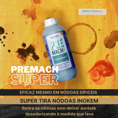 Frasco azul de produto de limpeza PREMACH SUPER sobre tecido manchado