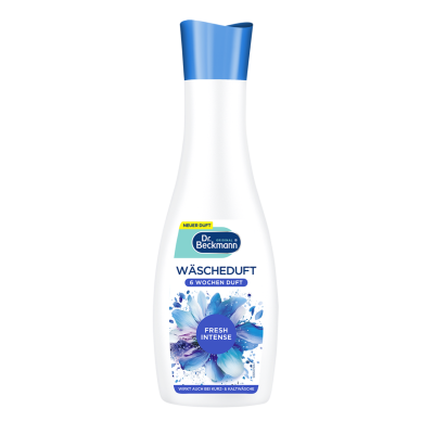 Frasco branco e azul de produto para lavagem Dr. Beckmann com rótulo azul e flor
