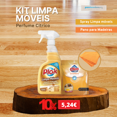 Kit limpa móveis com spray amarelo Plok e pano amarelo Clim sobre base de madeira
