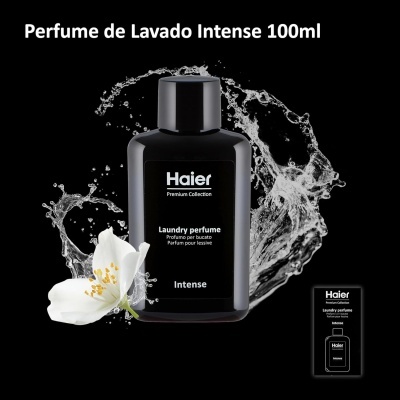 Frasco preto fosco de perfume para roupa Haier Intense com flor branca e água