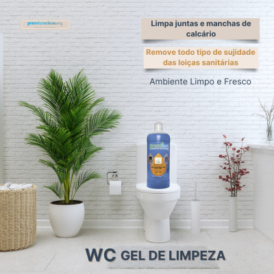 Casa de banho branca com vaso sanitário e frasco azul de WC Gel de Limpeza