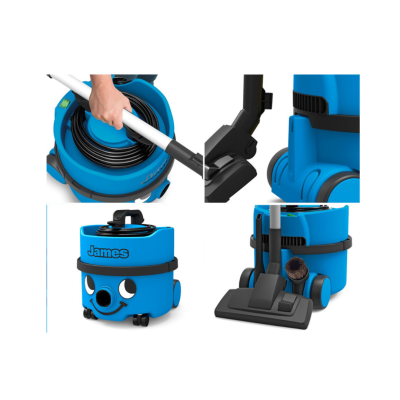 Aspirador de pó azul com rosto sorridente e acessórios numa composição de múltiplas imagens