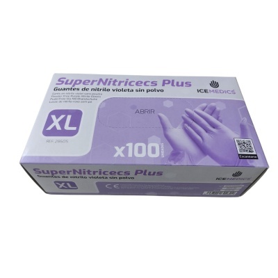 Caixa branca e violeta de luvas de nitrilo SuperNitritecs Plus XL com 100 unidades