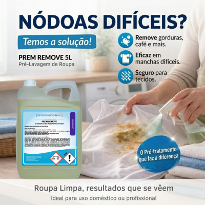 Frasco de detergente pré-lavagem premiado a ser aplicado em roupa manchada numa lavandaria.