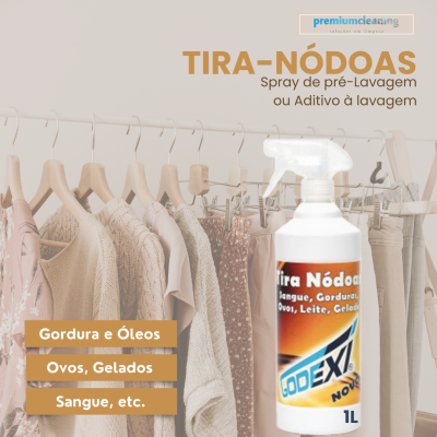 Spray tira-nódoas Godexi em frasco branco 1L com fundo de roupas penduradas