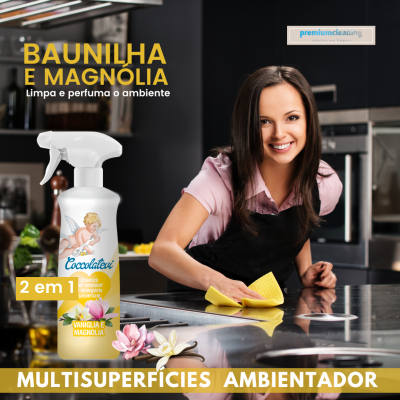Produto Coccolatex spray Baunilha e Magnólia em cozinha moderna com mulher a limpar