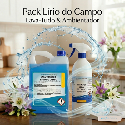 Pack de produtos de limpeza Lírio do Campo com recipiente azul e pulverizador em ambiente de cozinha com flores de lírio