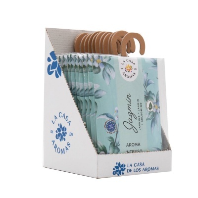 Expositor com pacotes verdes florais de ambientadores Jazmín