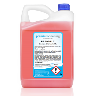 Recipiente plástico branco com líquido vermelho e etiqueta azul e branca