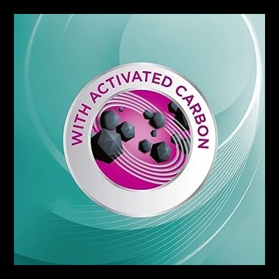 Símbolo circular com texto 'WITH ACTIVATED CARBON' e representações gráficas de carvão ativado