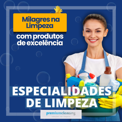 Mulher sorridente com produtos de limpeza em caixa verde sobre fundo azul com texto publicitário.