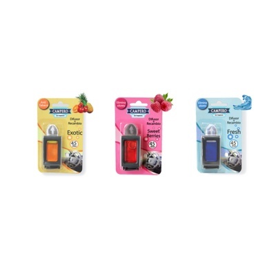 Recargas de difusores de carro em embalagens com aromas Exotic, Sweet Berries e Fresh