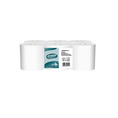 Pack de seis rolos de papel de cozinha branco da marca Amoos Professional com etiqueta azul