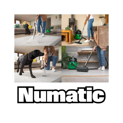 aspirador de pó verde e preto NUMATIC em uso em carpetes e chão de madeira com mulher e cão preto