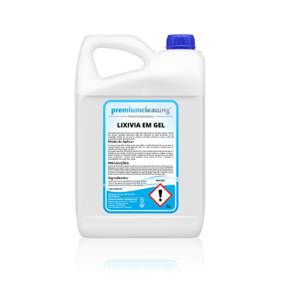 Recipiente plástico branco com tampa azul contendo lixívia em gel de 5 litros